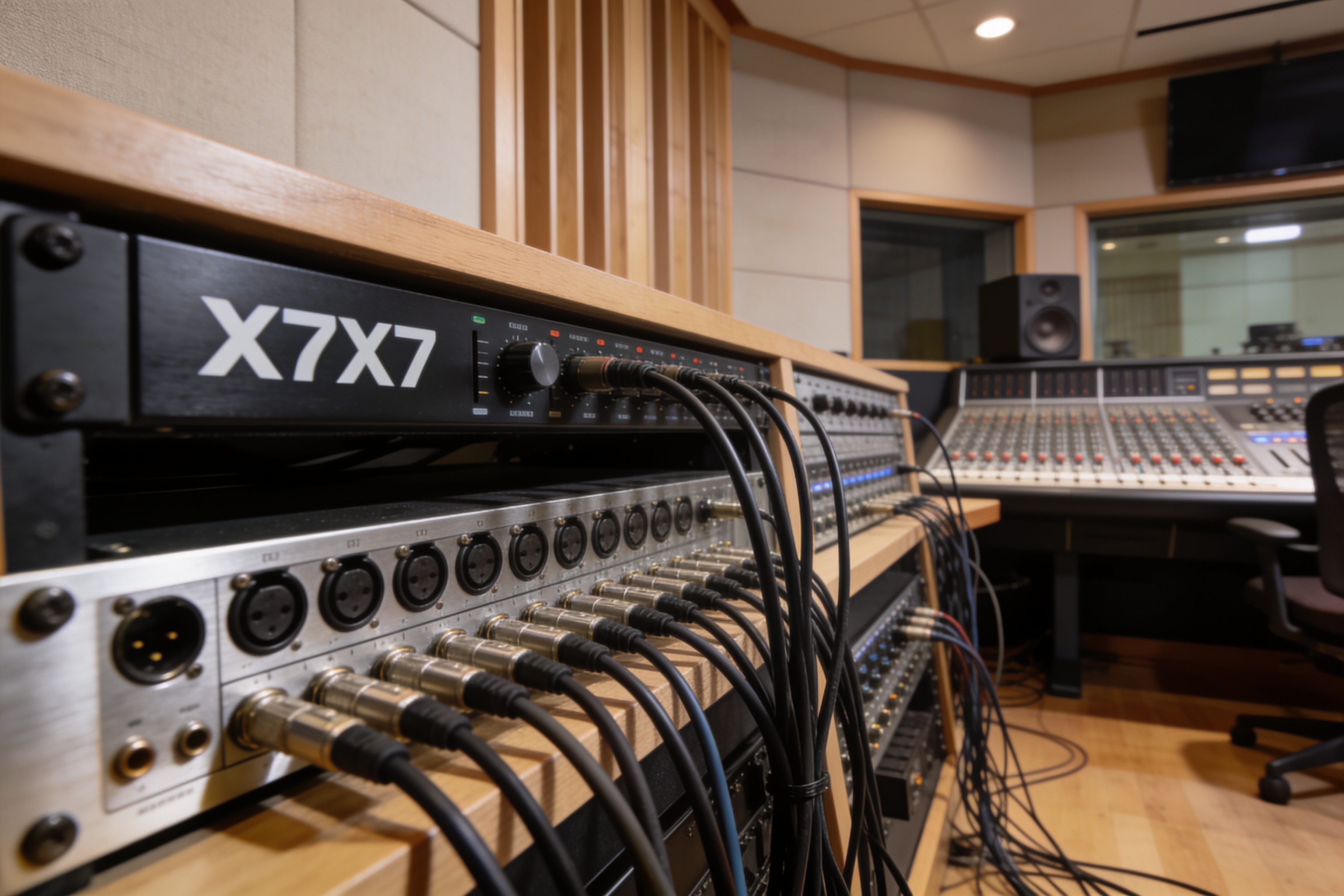 录音棚控制室内X7X7与调音台的连接布线示意