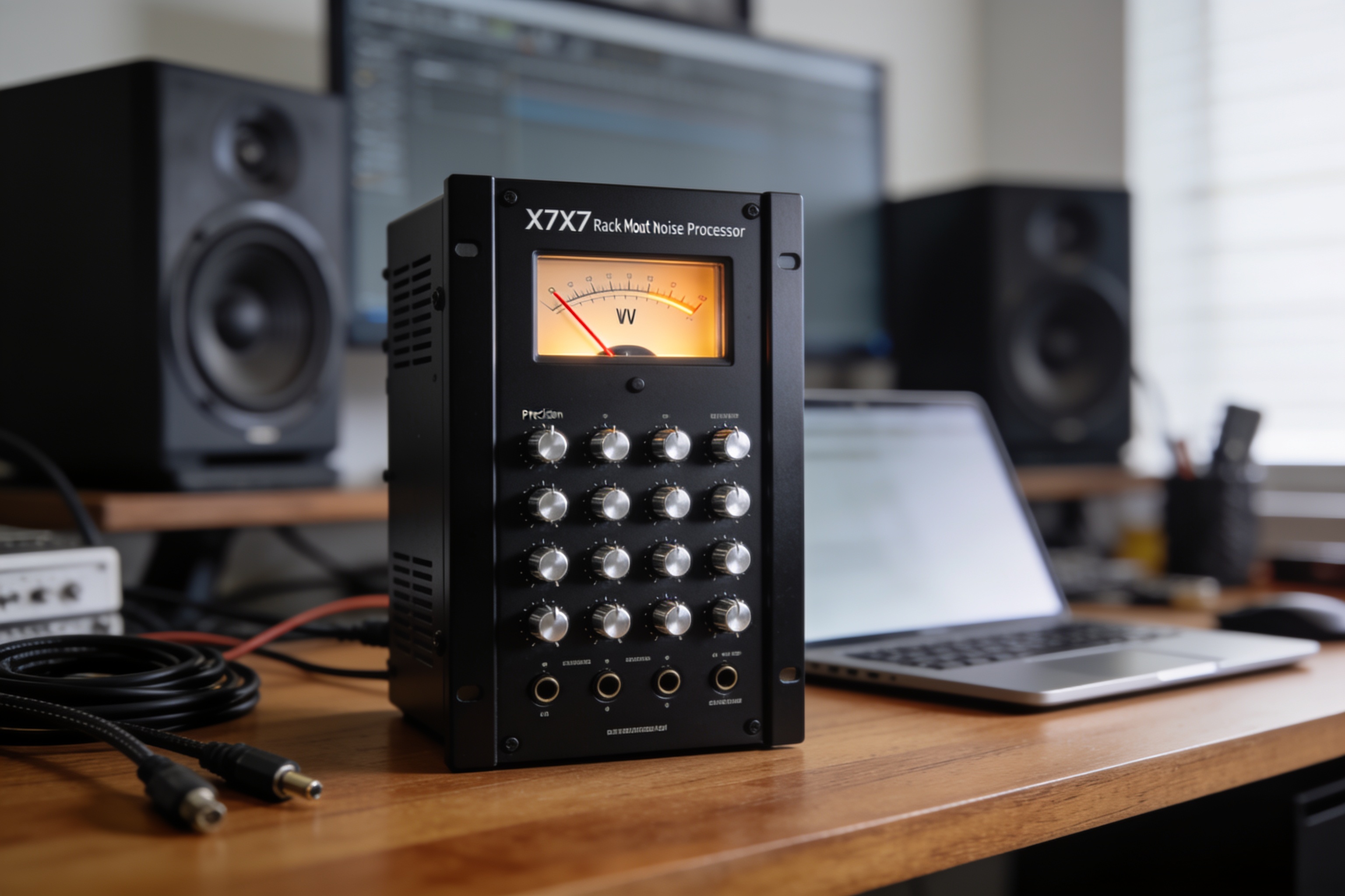 X7X7机架式噪声处理器正面视图，黑色金属外壳，配备VU表和精密旋钮控制面板