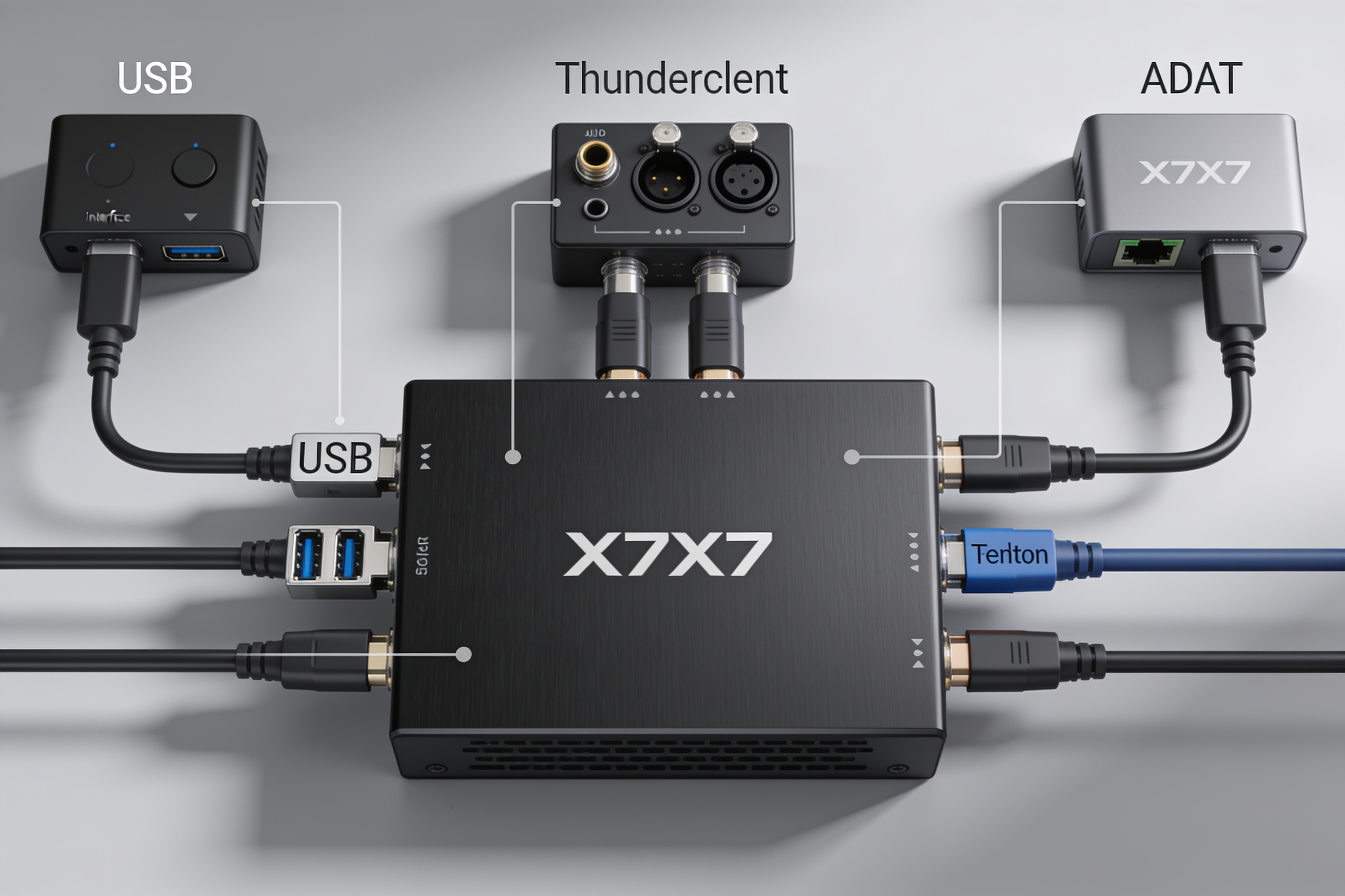 X7X7处理器与不同类型音频接口的物理连接拓扑示意图，展示USB、Thunderbolt和ADAT三种连接方式的端口位置